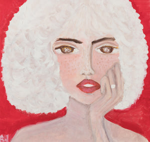 Gaga or Penelope. portrait of a model with fair skin, white hair, red lips with red background