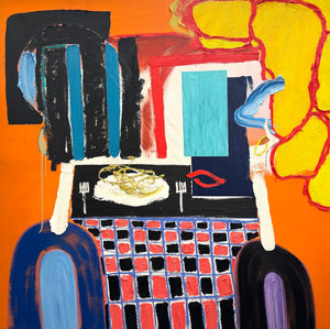 Abstract artwork depicting a couple eating spaghetti, with geometric shapes and vibrant colors on an orange background