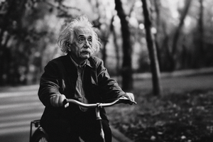 Paul Parsons AI Generated black and white image of Albert Einstein riding a bicycle