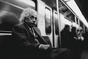 Paul Parsons AI Generated black and white image of Albert Einstein on a subway train